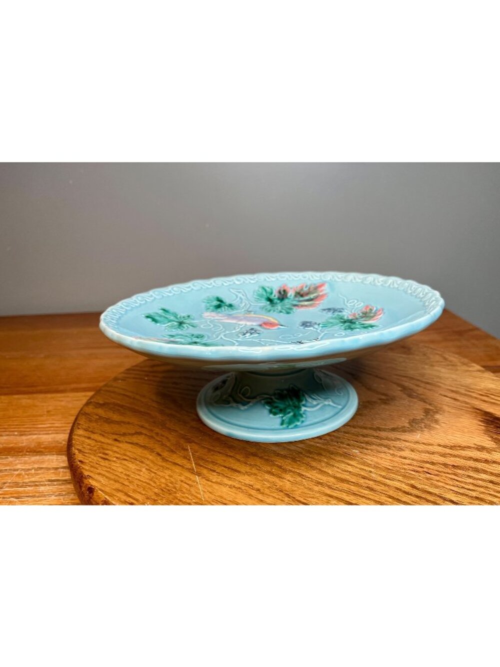 Antique West German Highmount Majolica # 230 Birds Grapes Pedestal Bowl Cake Pla